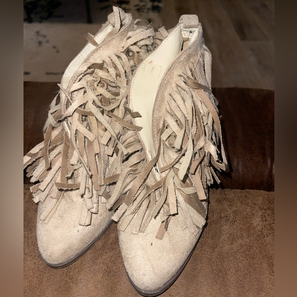 Tan fringe booties
